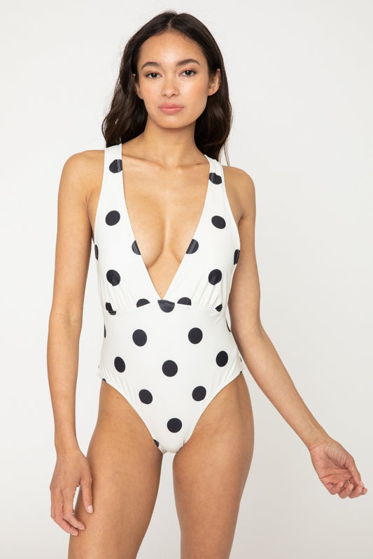 Ivory Marina West Swim Beachy Keen Polka Dot Tied Plunge One-Piece Swimsuit