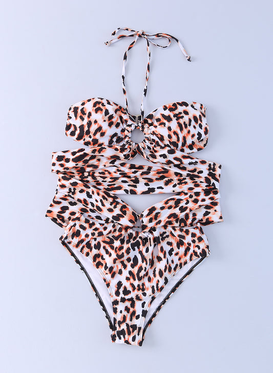 Tiger Animal Print Halter Neck One-Piece Swimsuit