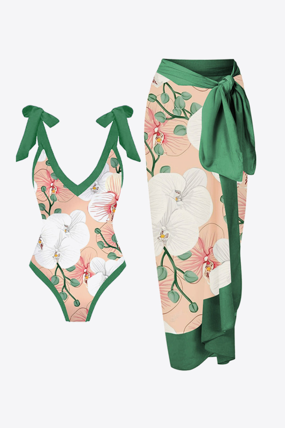 Green Floral V-Neck Two-Piece Swim Set