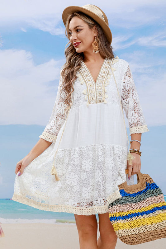 Ivory One Size Tassel Spliced Lace Cover Up