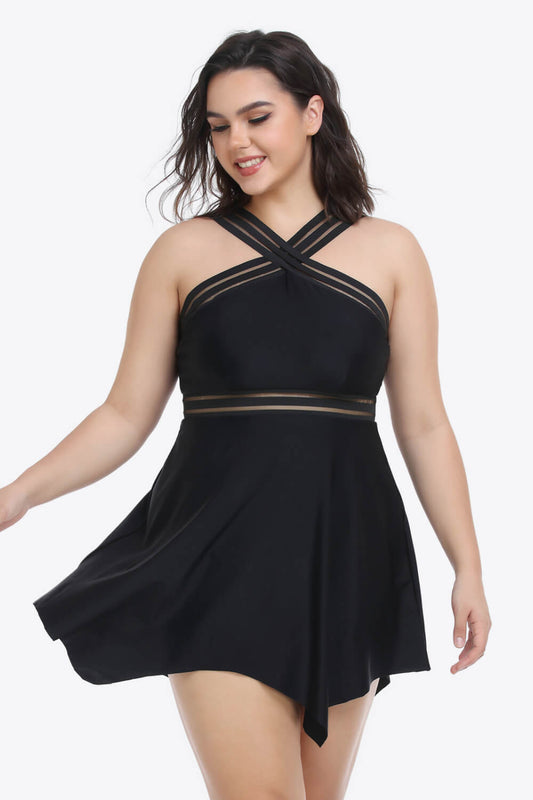 Black Plus Size Handkerchief-Hem Swim Dress and Bottoms Set