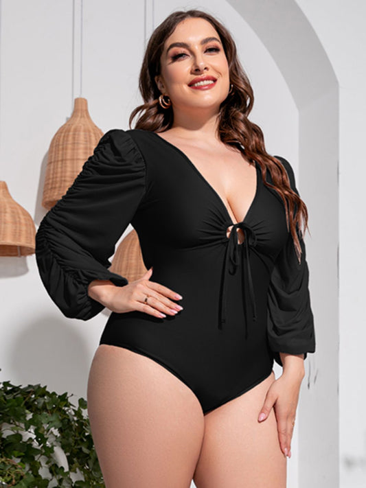 Black Plus Size Tied Deep V Balloon Sleeve One-Piece Swimsuit