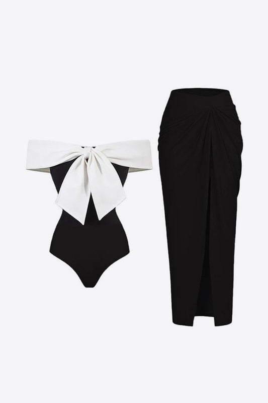 Black White Contrast Bow Detail Two-Piece Swim Set