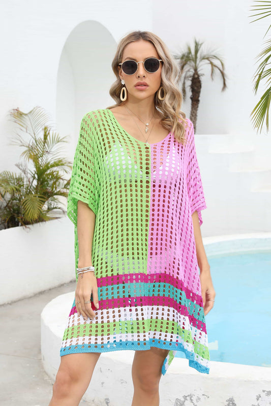 Yellow-Green One Size Contrast Scoop Neck Openwork Half Sleeve Cover Up