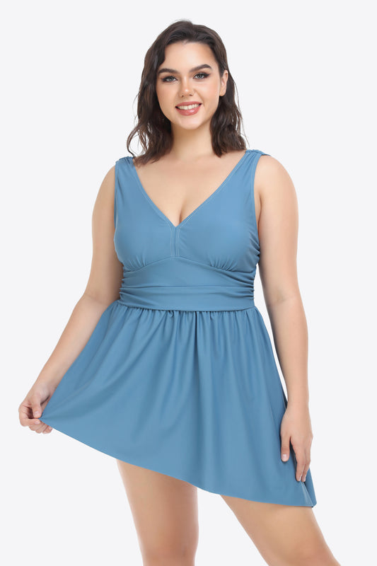 Dusty Blue Plus Size Plunge Sleeveless Two-Piece Swimsuit