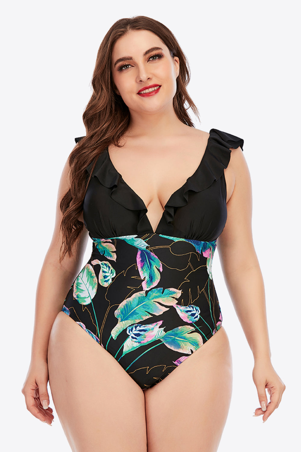 Black Plus Size Printed Ruffled Deep V One-Piece Swimsuit