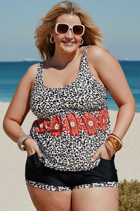 Leopard Plus Size Mixed Print Tankini Set with Pockets