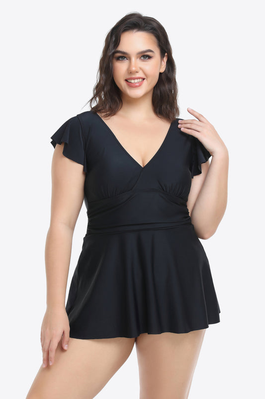 Black Plus Size Ruffled Plunge Swim Dress and Bottoms Set