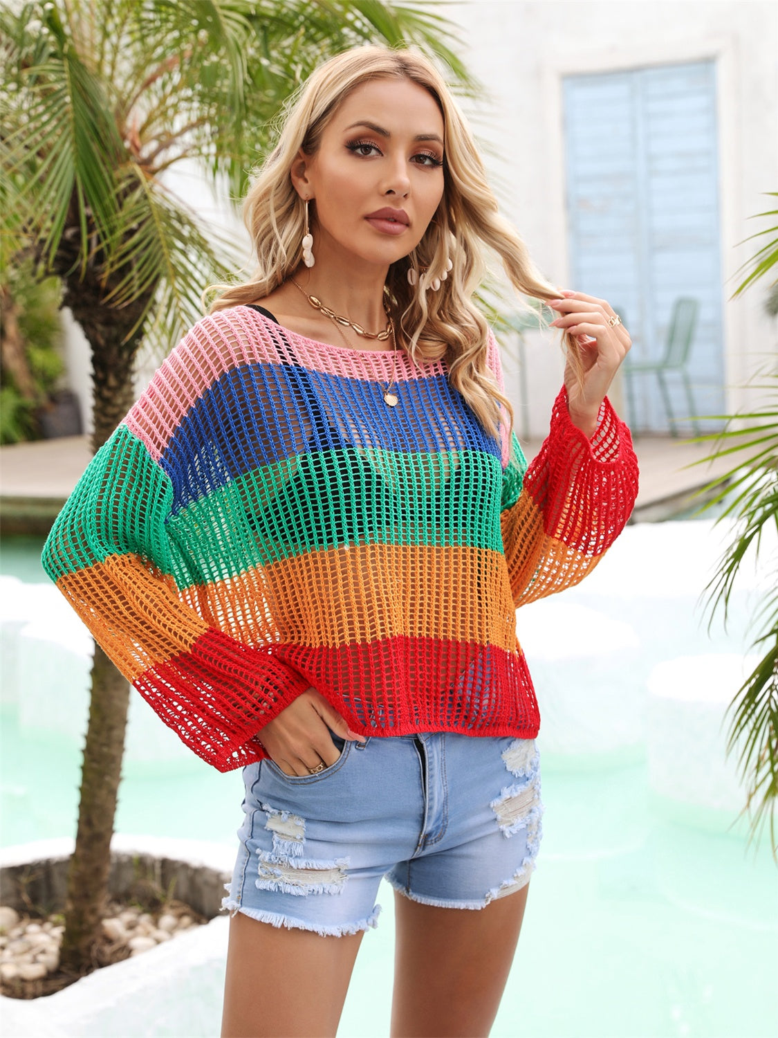 Color Block Openwork Boat Neck Cover Up