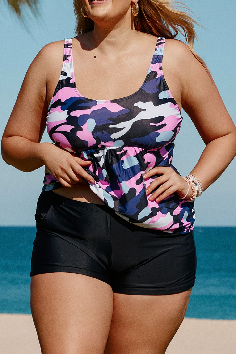 Multi Plus Size Camouflage Peplum Two-Piece Tankini Set