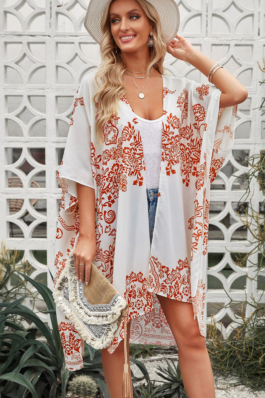 White One Size Floral Side Slit Cover Up