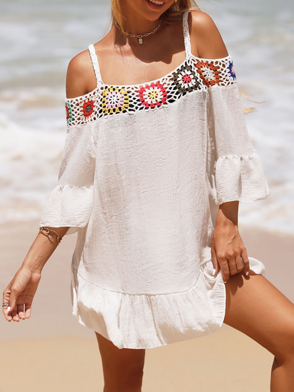 Crochet Cold Shoulder Three-Quarter Sleeve Cover Up