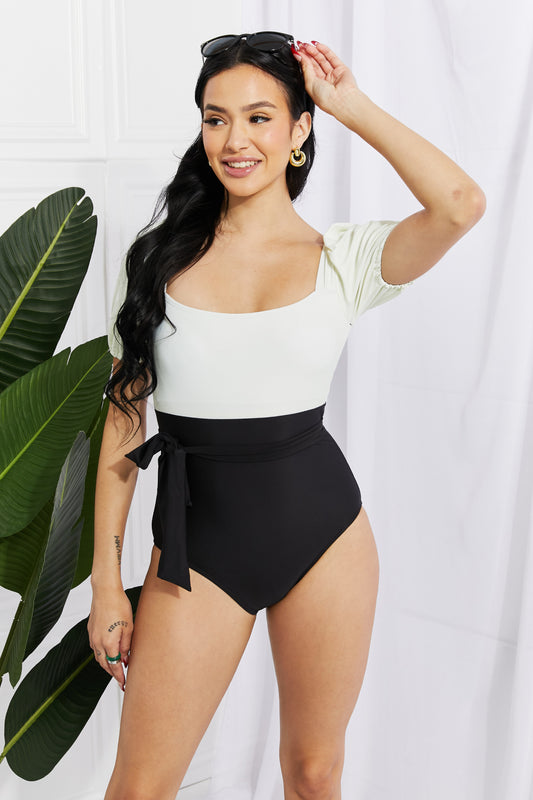 Cream Black Marina West Swim Salty Air Puff Sleeve One-Piece in Cream/Black