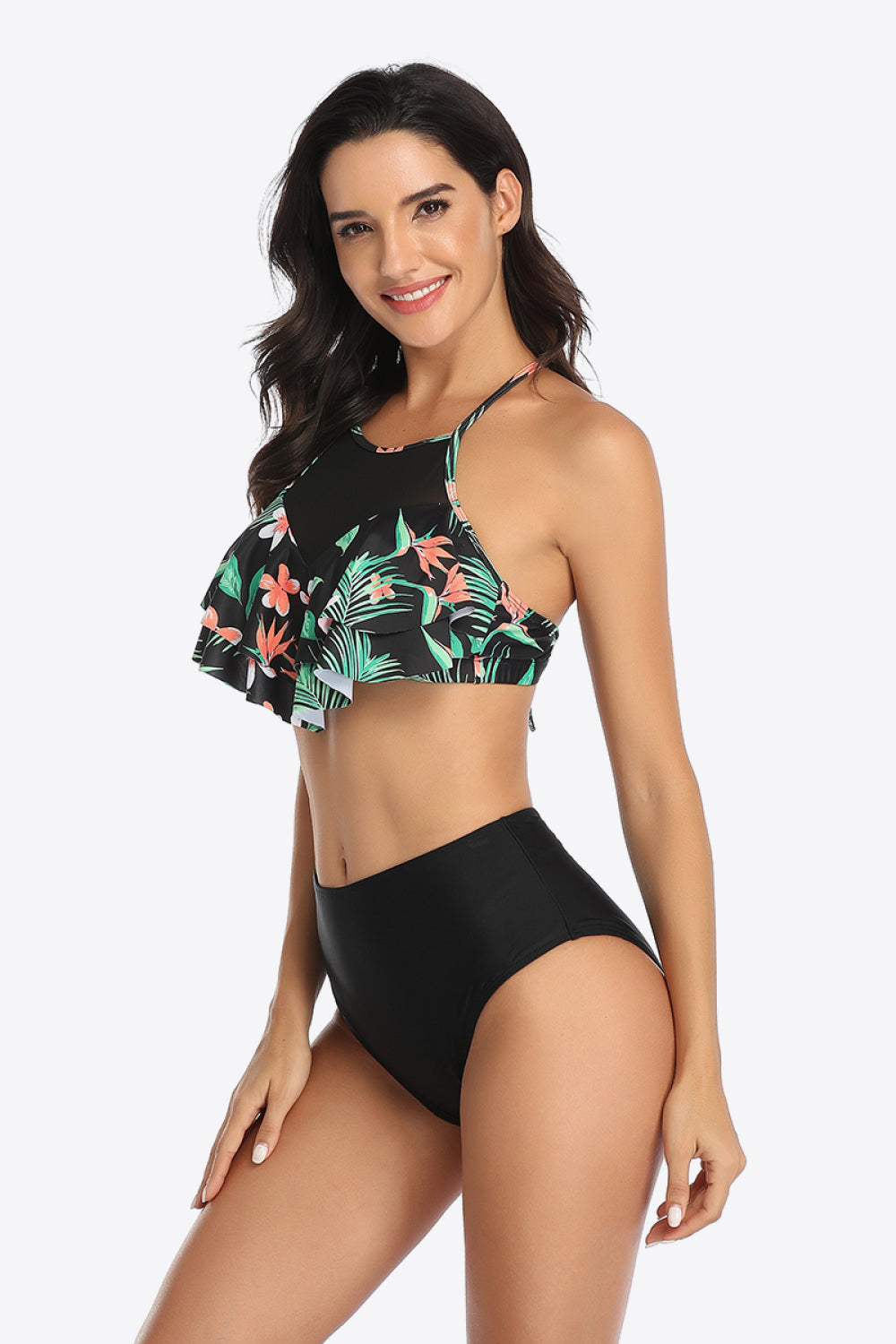 Tropical Print Ruffled Two-Piece Swimsuit