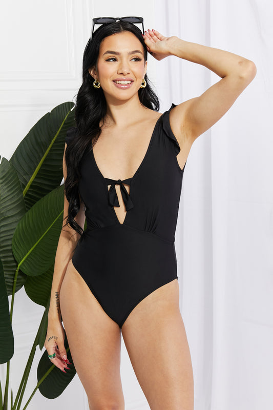 Black Marina West Swim Seashell Ruffle Sleeve One-Piece in Black