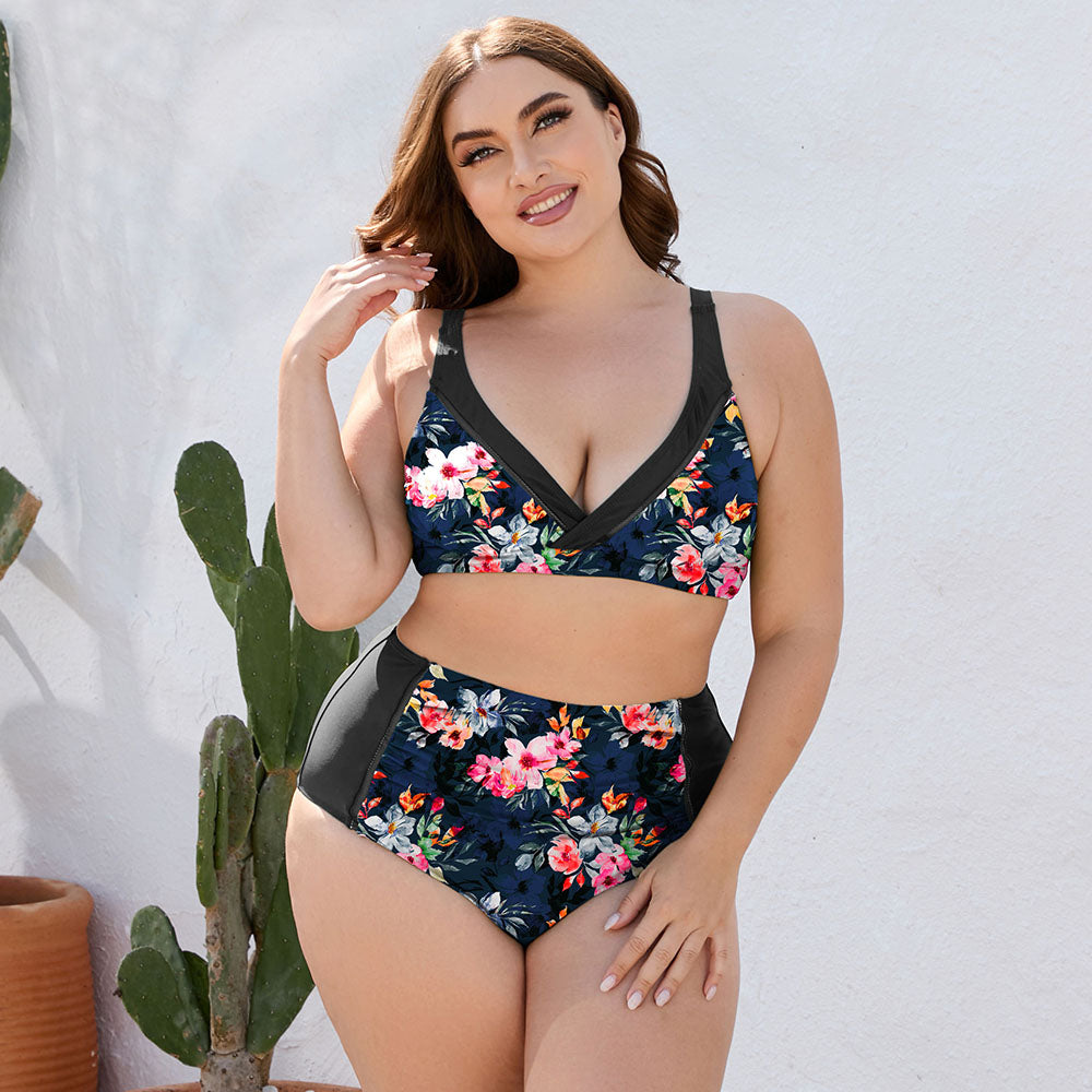 Dark Navy Plus Size Floral High Waist Two-Piece Swim Set