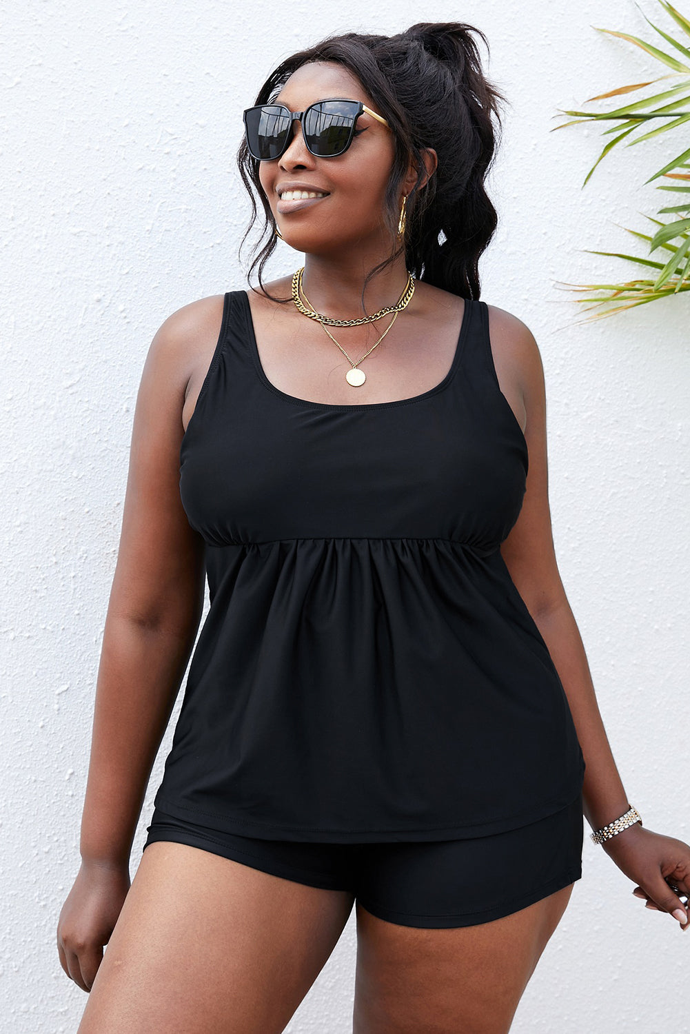 Black Plus Size Scoop Neck Tankini Set